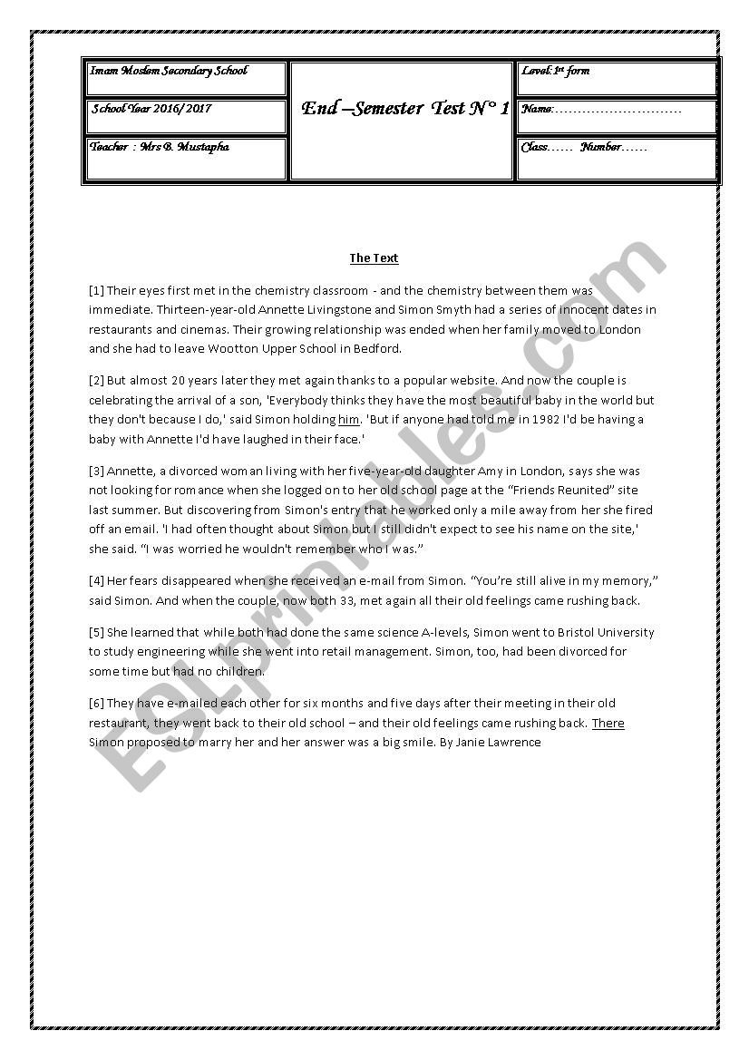 exam 1st form worksheet