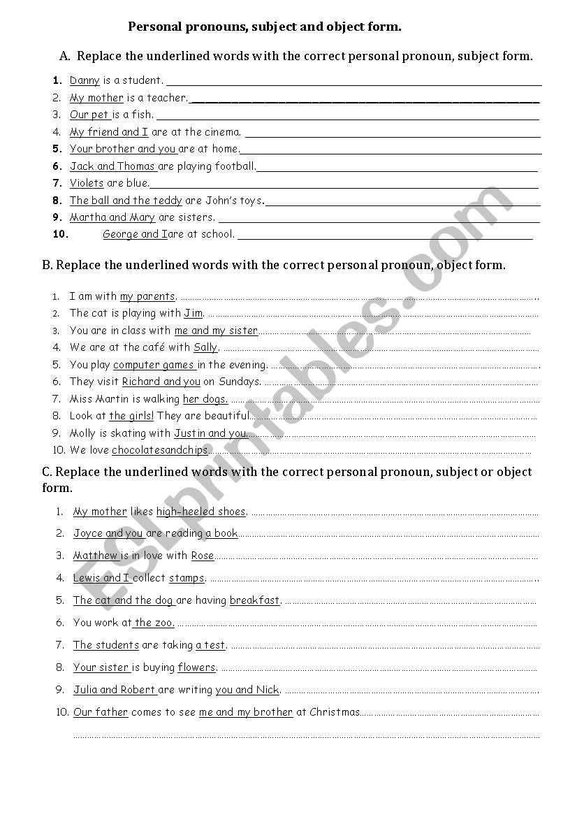 Personal pronouns, subject and object forms