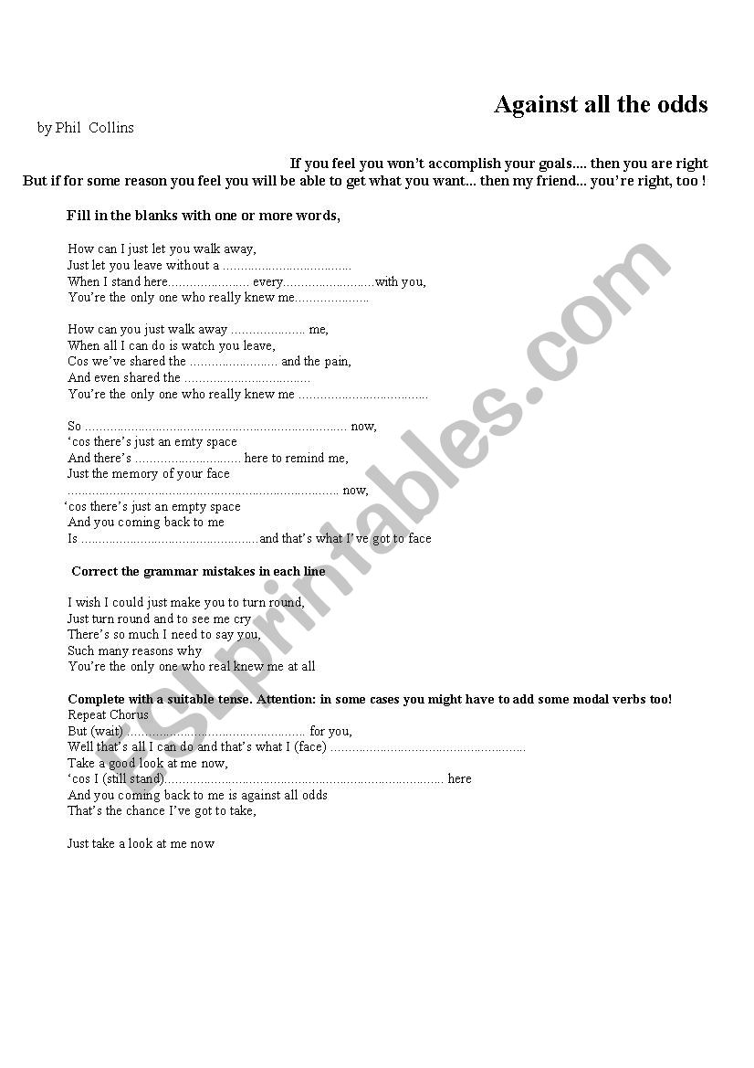 AGAINST ALL THE ODDS worksheet