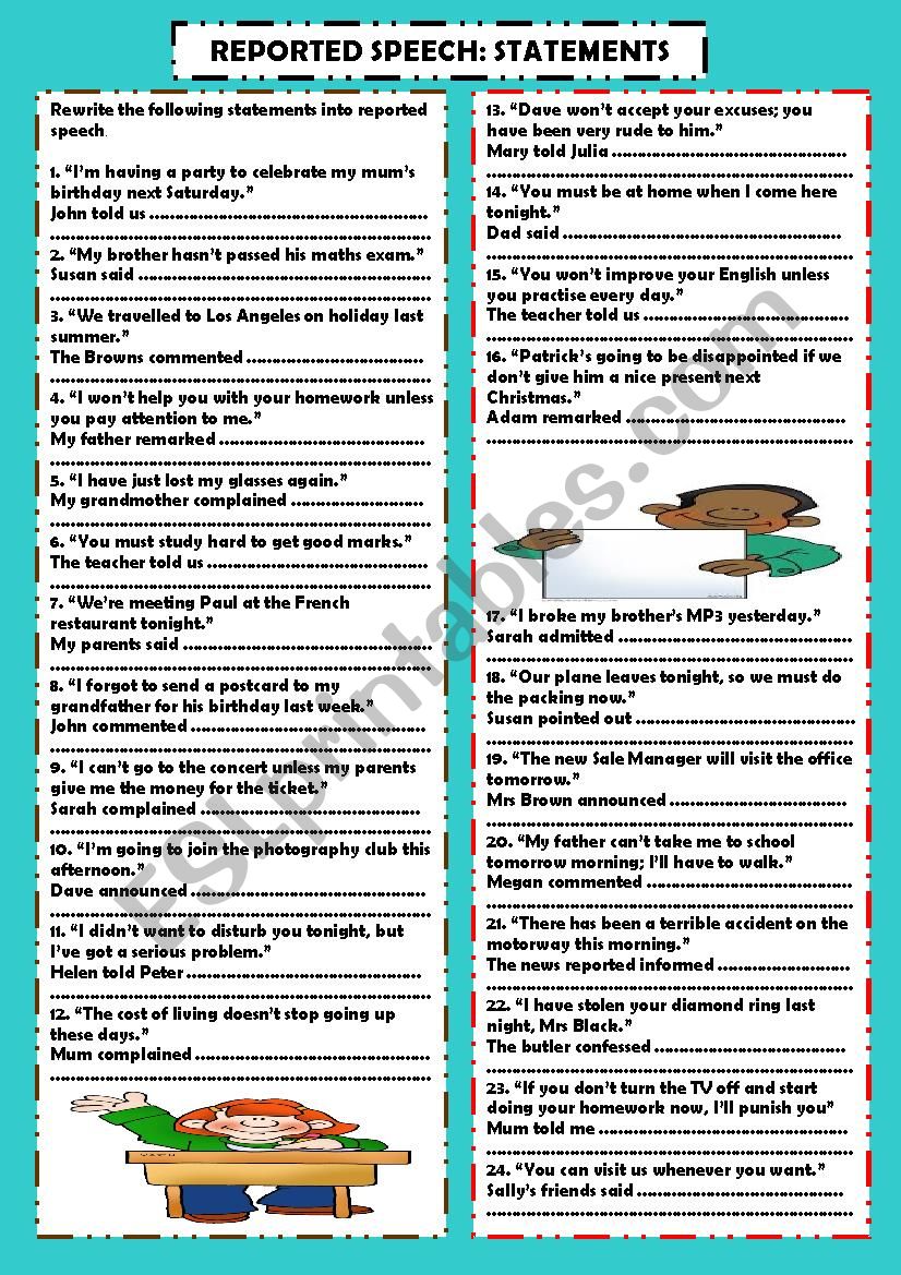 Reported speech: statements worksheet