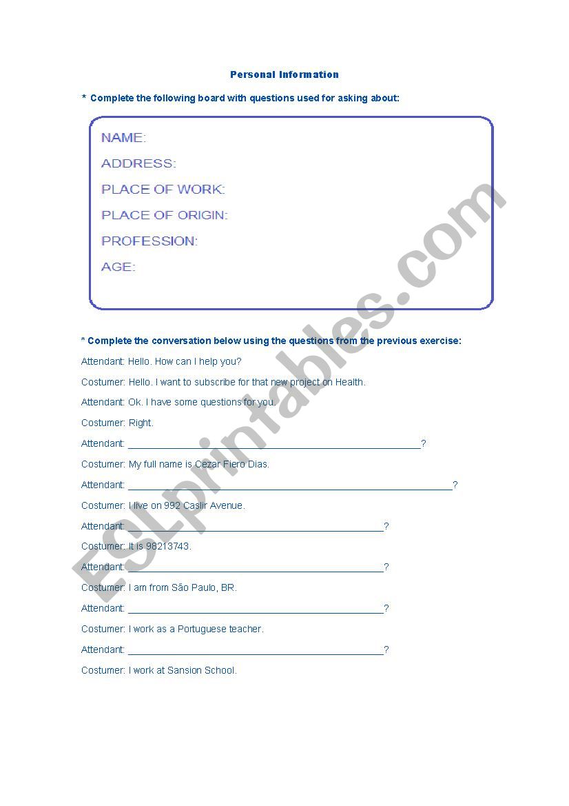 Personal information worksheet