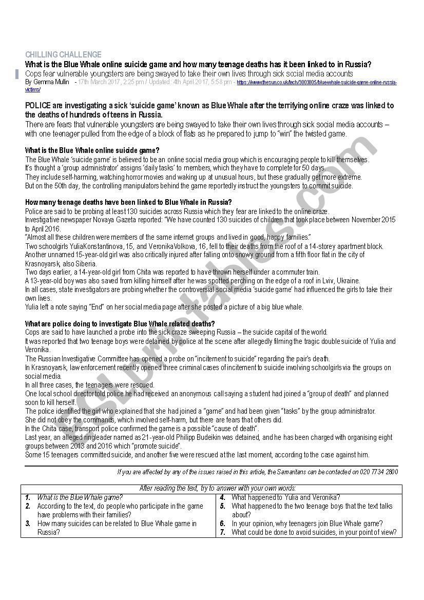 Blue Whale Game - Reading worksheet