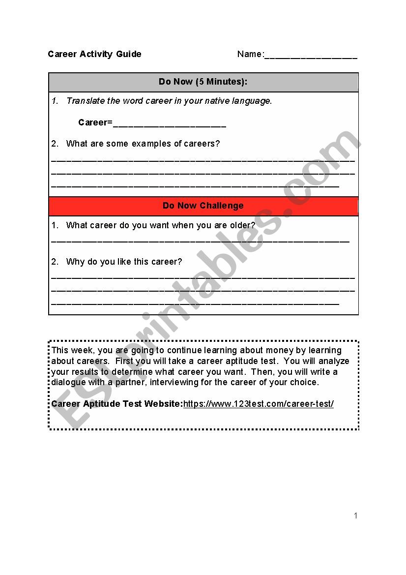 Career Activity Guide worksheet