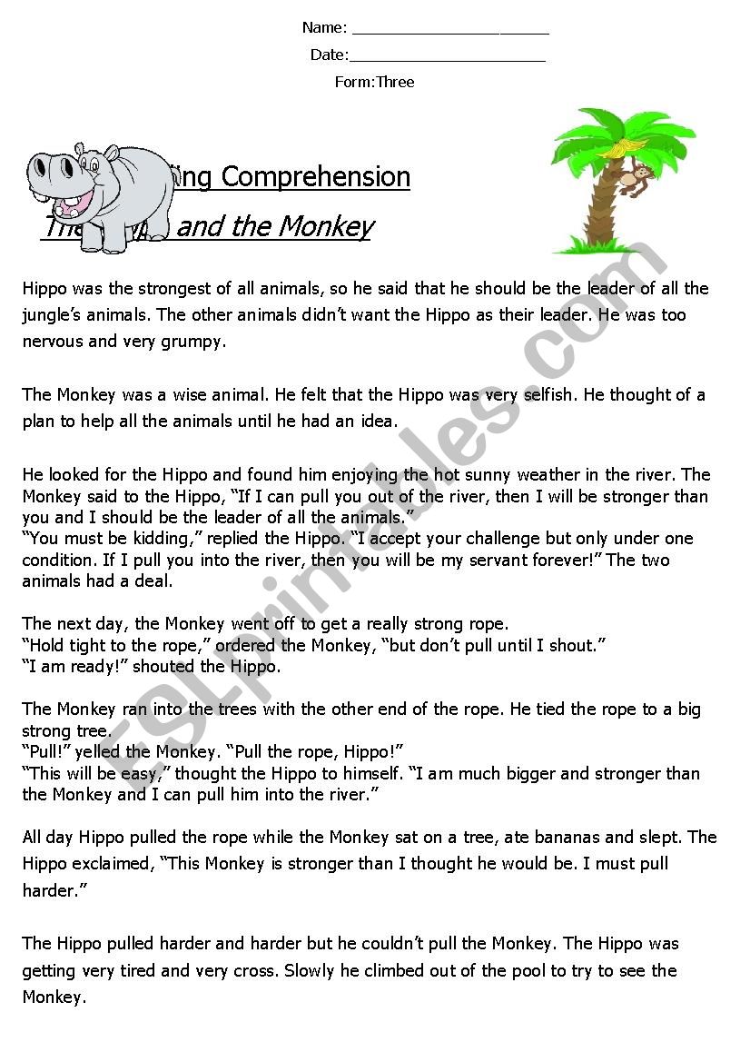 Reading Comprehension Fable (The Hippo and The Monkey) 