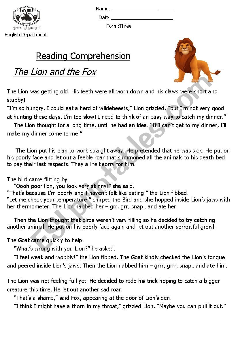 Reading Comprehension Fable (The Lion and The Fox) 