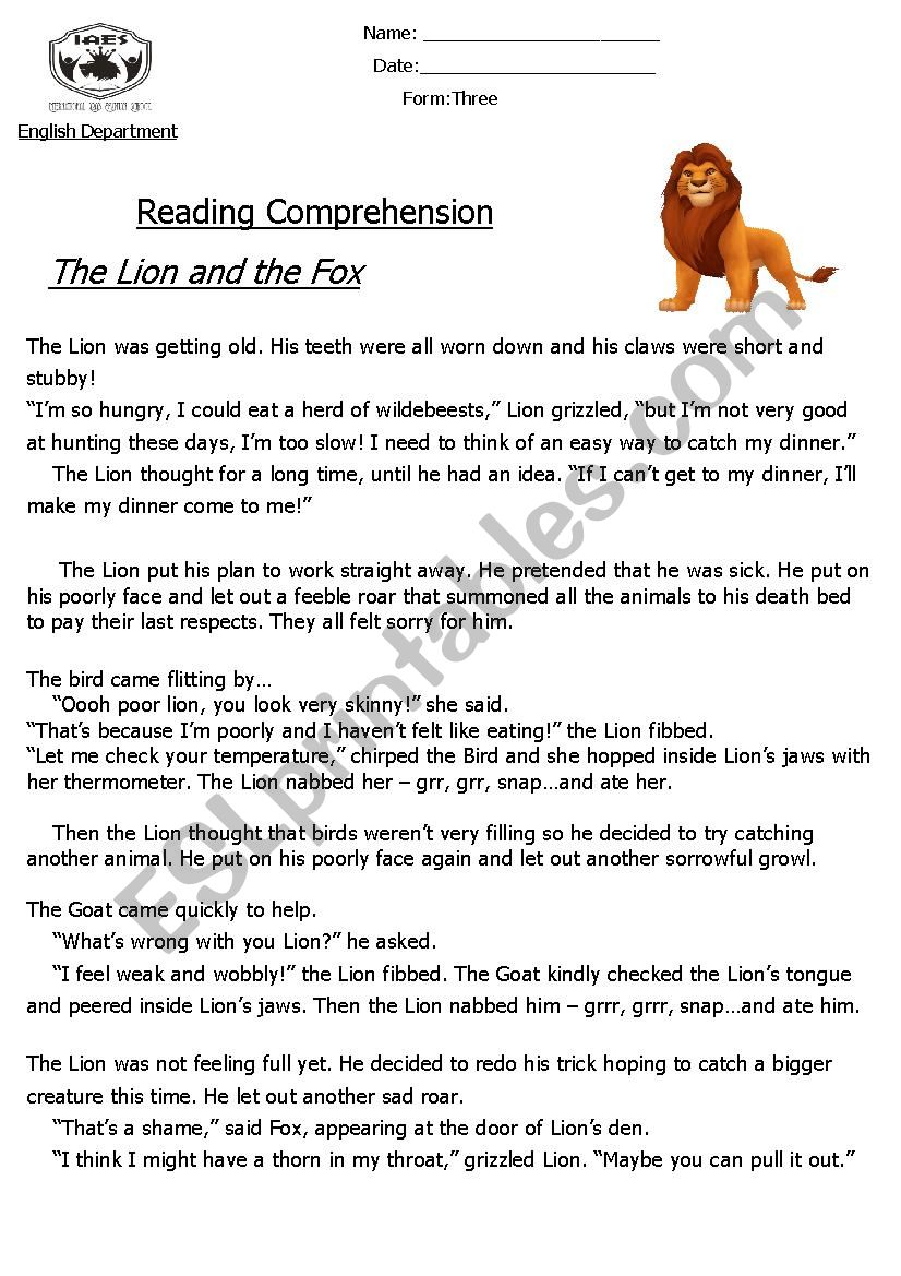 Reading Comprehension Â´FableÂ´ (The Lion and The Fox) 