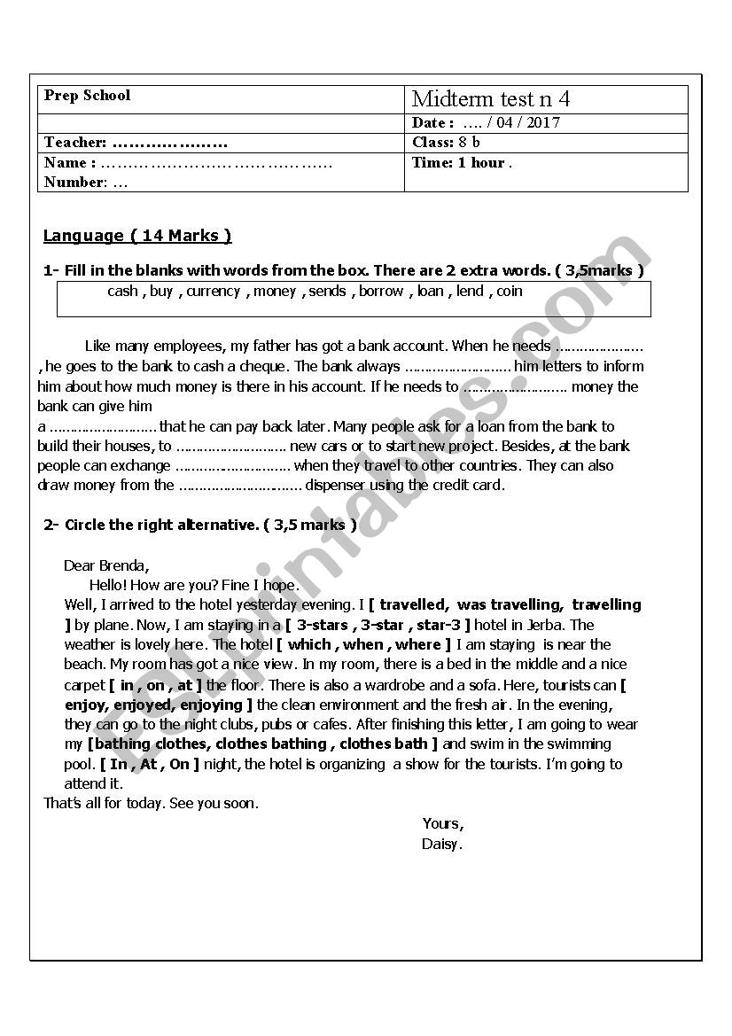 8th Midsemester 2 test 2 worksheet