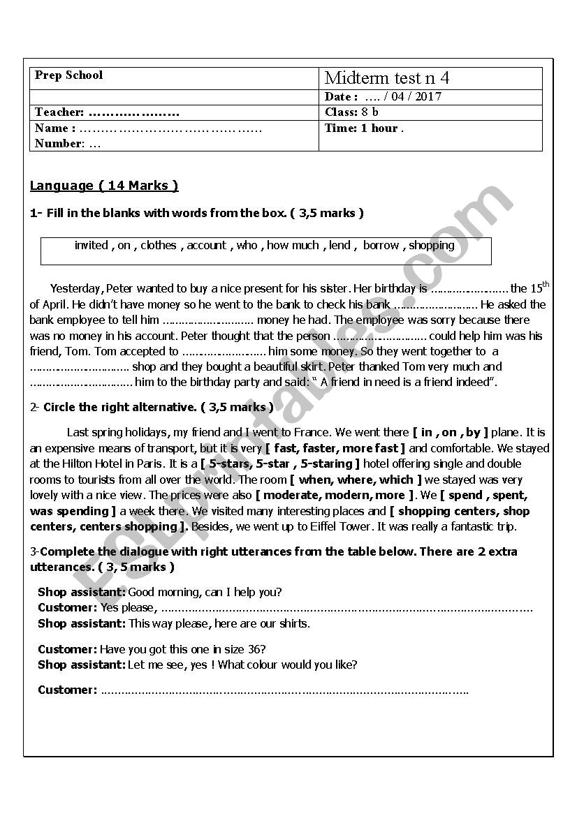 8th semester 2 test2  worksheet