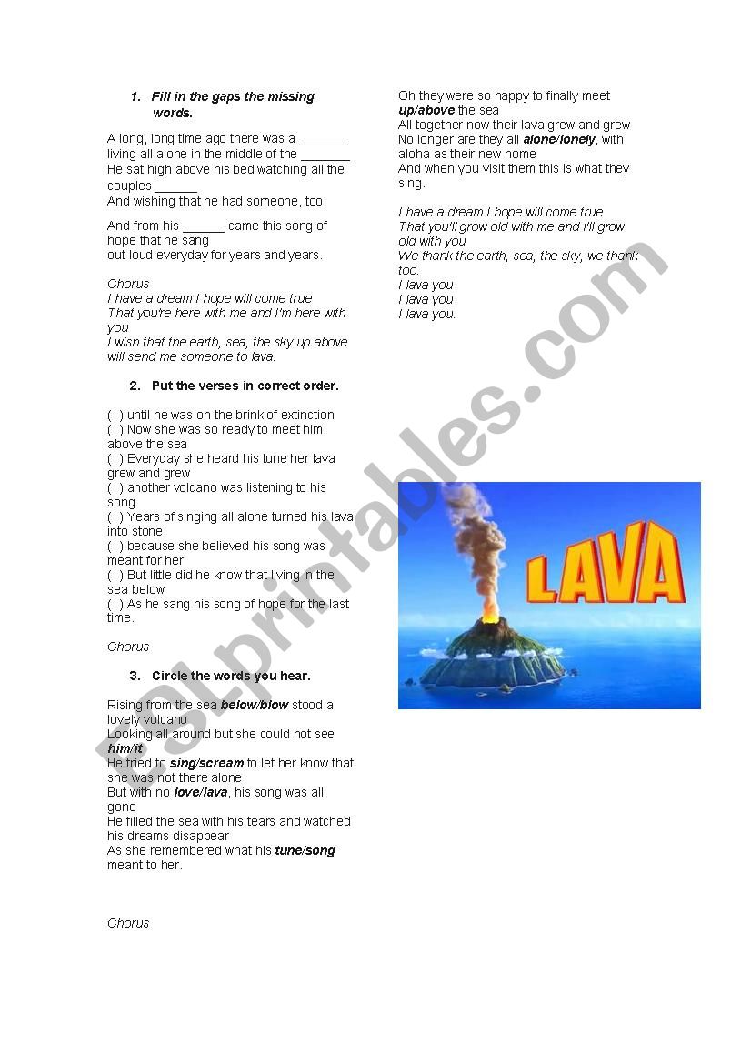 Lava song worksheet