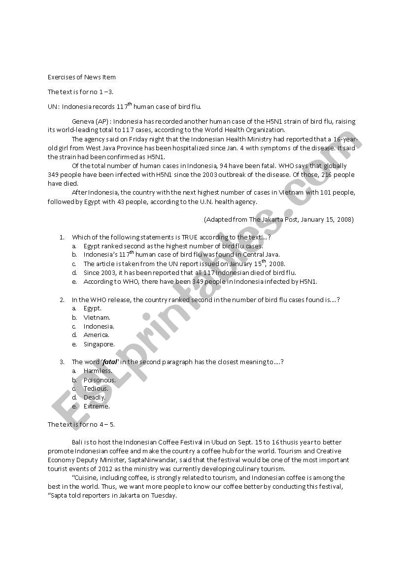 News Item Text worksheet