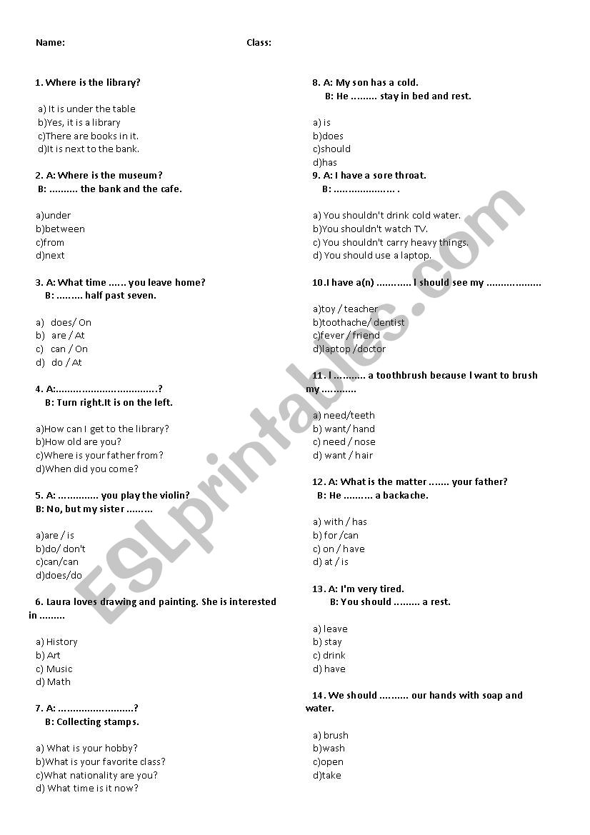 exam elementary worksheet