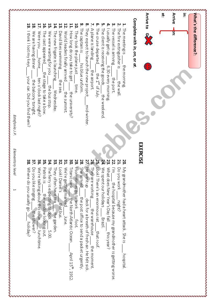 PREPOSITIONS IN, ON, AT worksheet