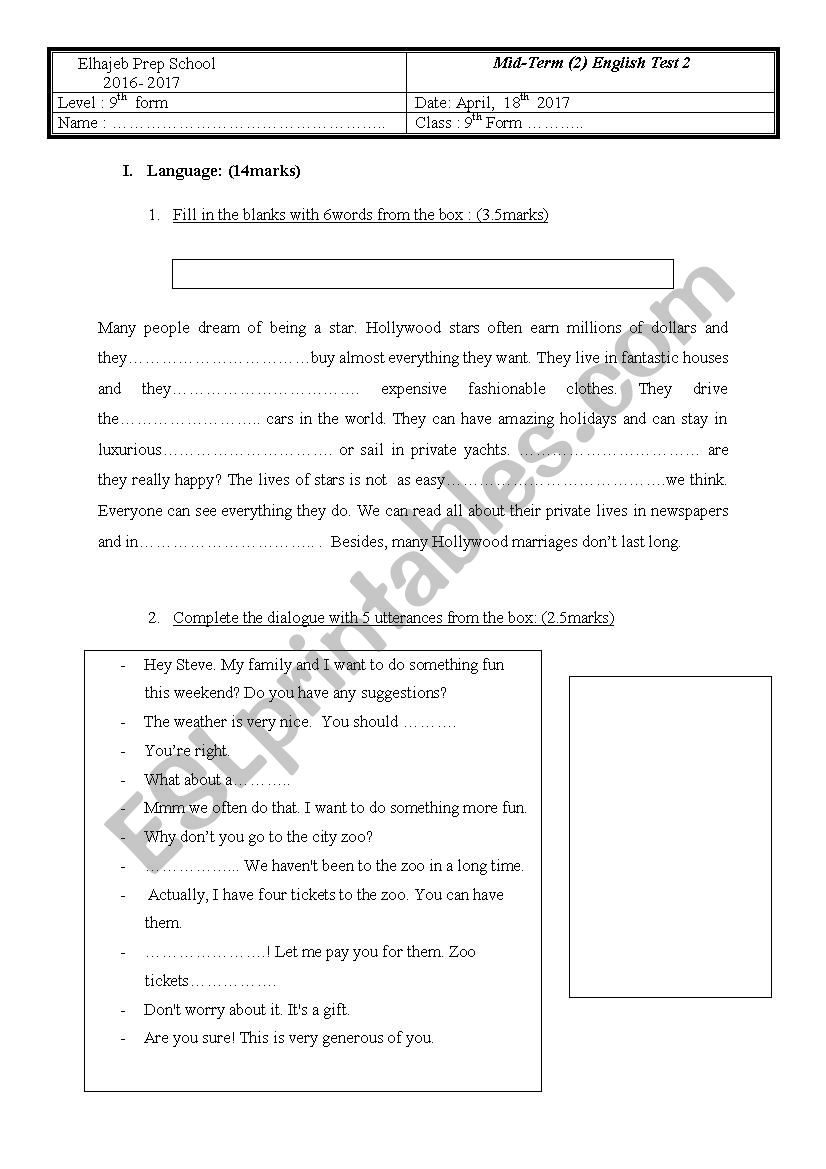 9th form test 3 worksheet