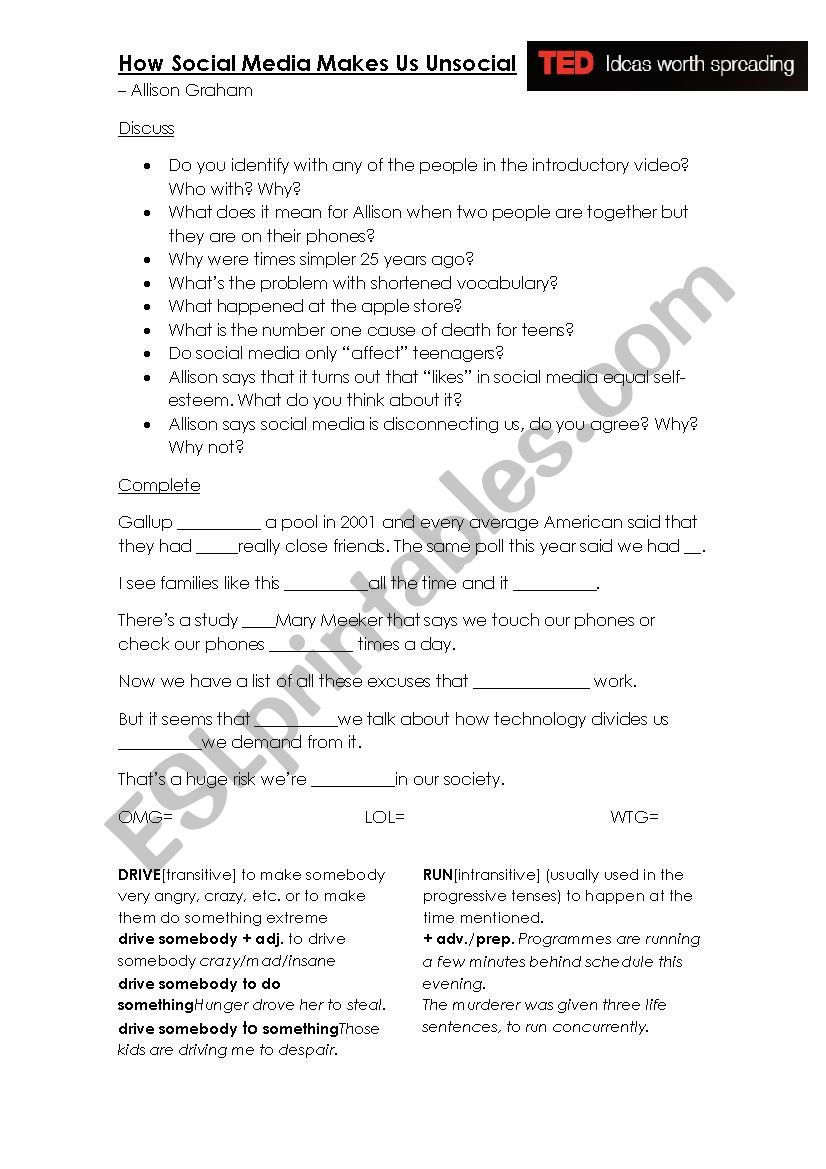 Ted Talk - Social Media  worksheet