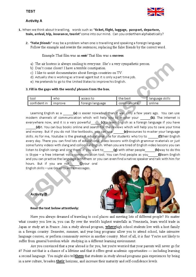 English test for 10th graders worksheet