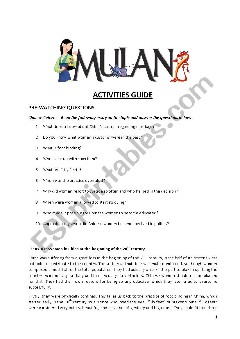 Mulan Activity Guide worksheet