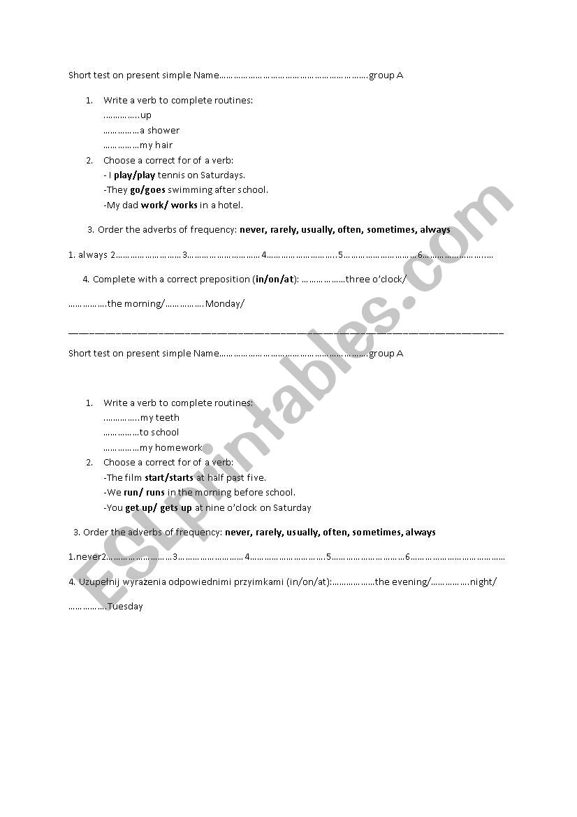 Short test on present simple worksheet