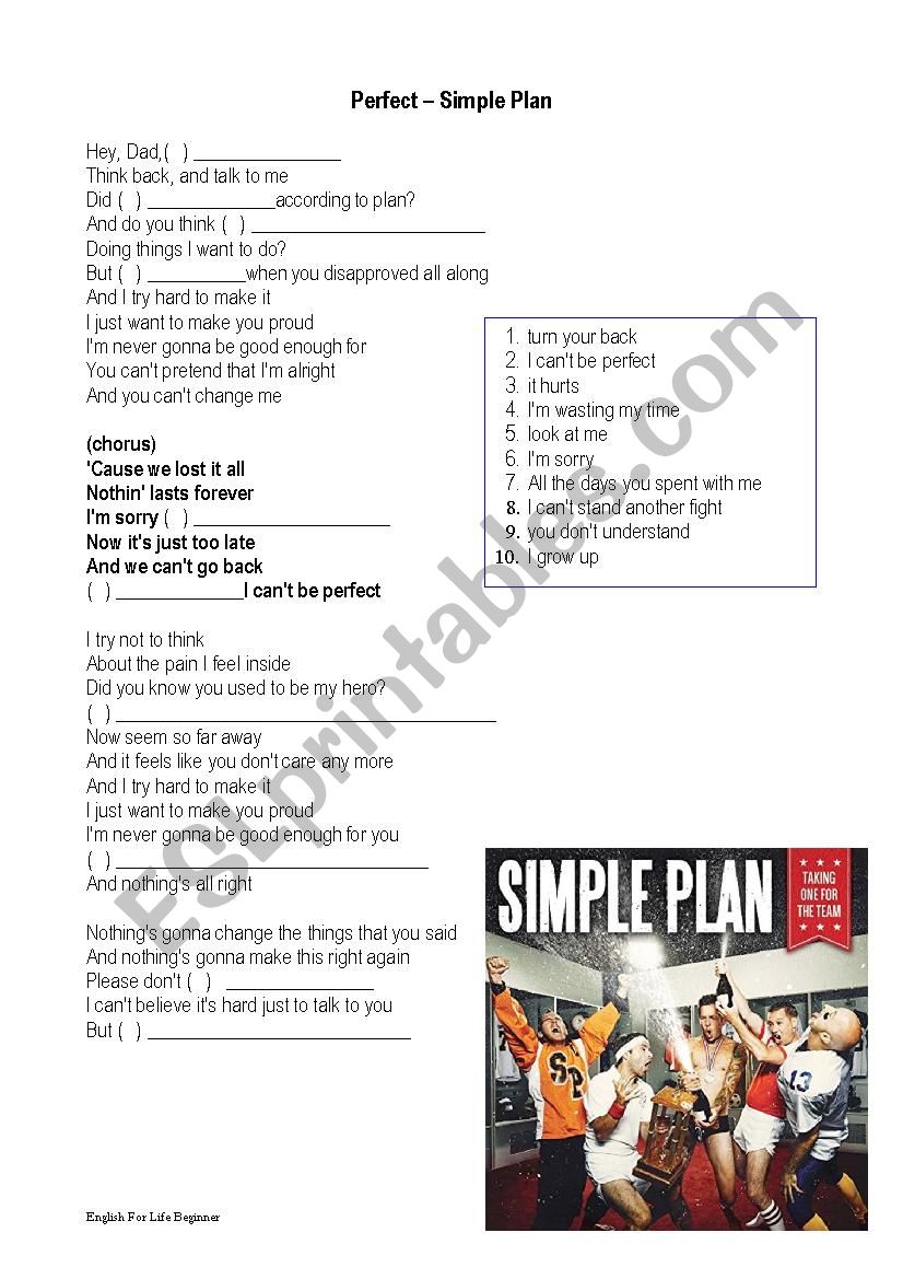 Perfect song - Simple Plan worksheet