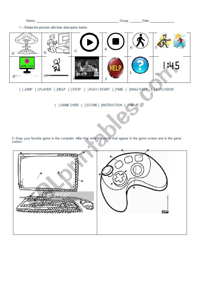 Game vocabulary worksheet