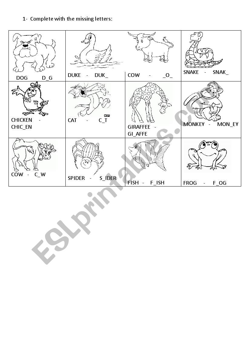 Animals name worksheet