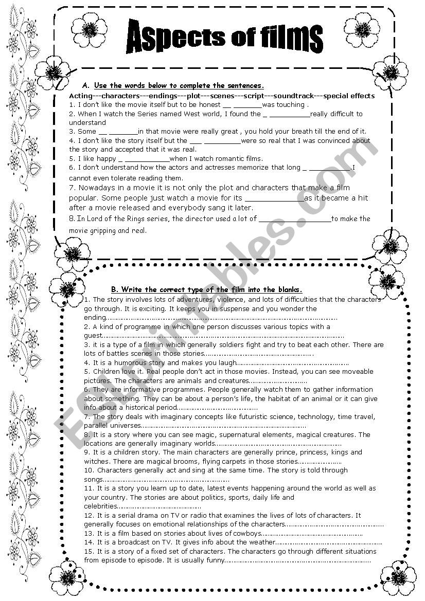 films and types of films worksheet