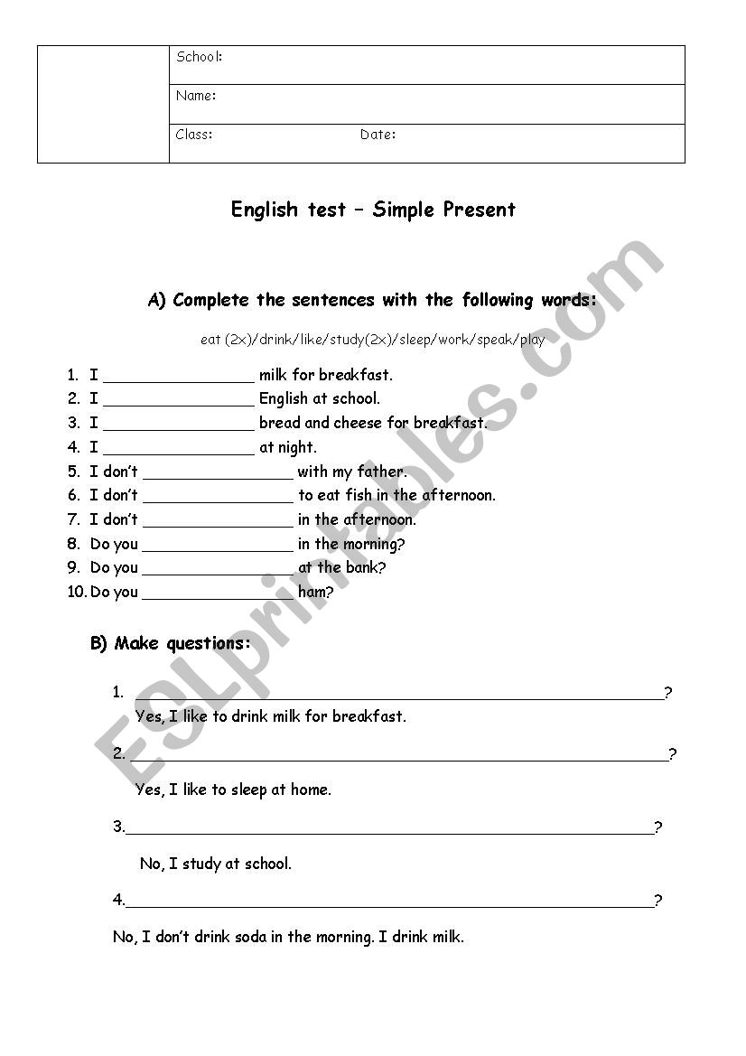 Simple Present test worksheet