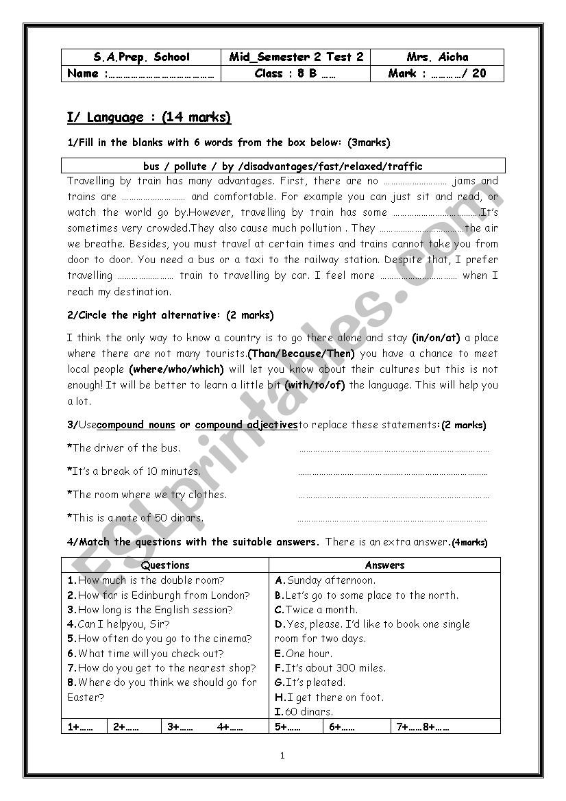 Mid-Semester 2 Test 2 : 8 th form pupils