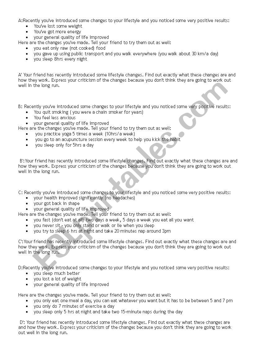 A LIFESTYLE CHANGE ROLE PLAY worksheet