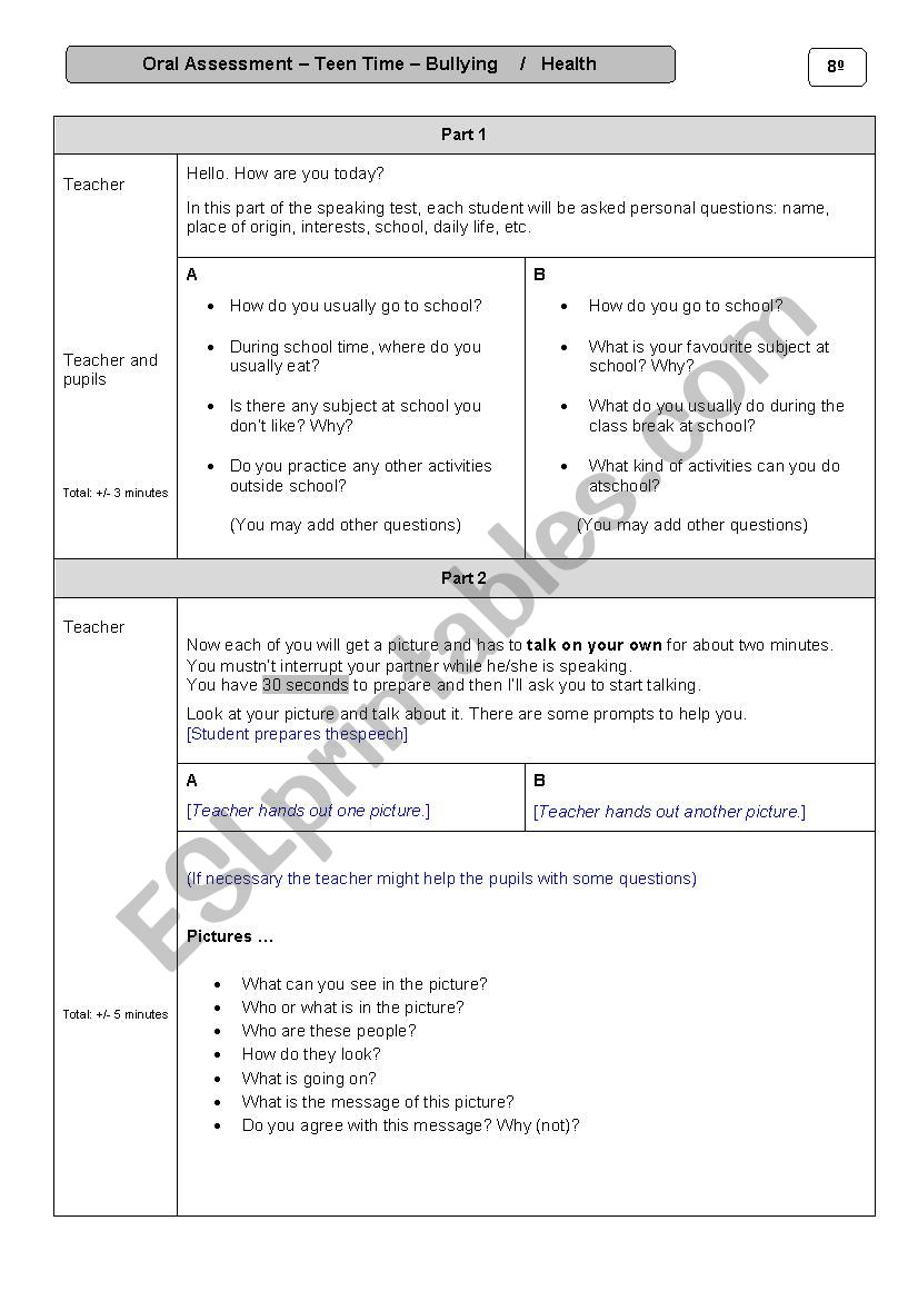 Bullying and Health -  Oral Assessment