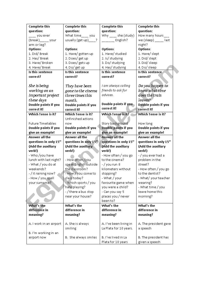 Jeopardy Tense Revision worksheet
