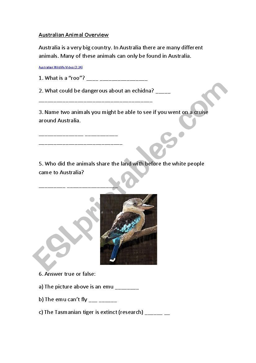 Australian Animals Overview worksheet