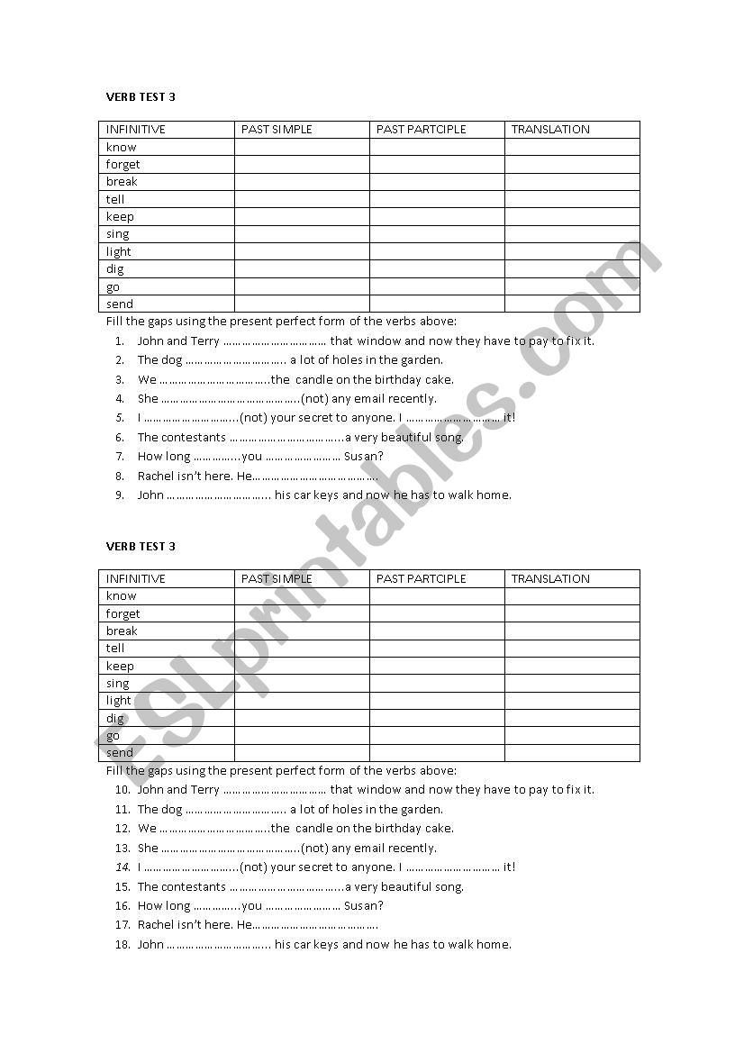 irregular verbs test worksheet