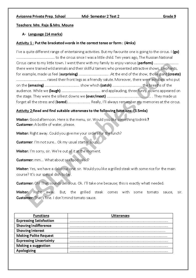 Mid-semester Test 2 Grade 9 worksheet