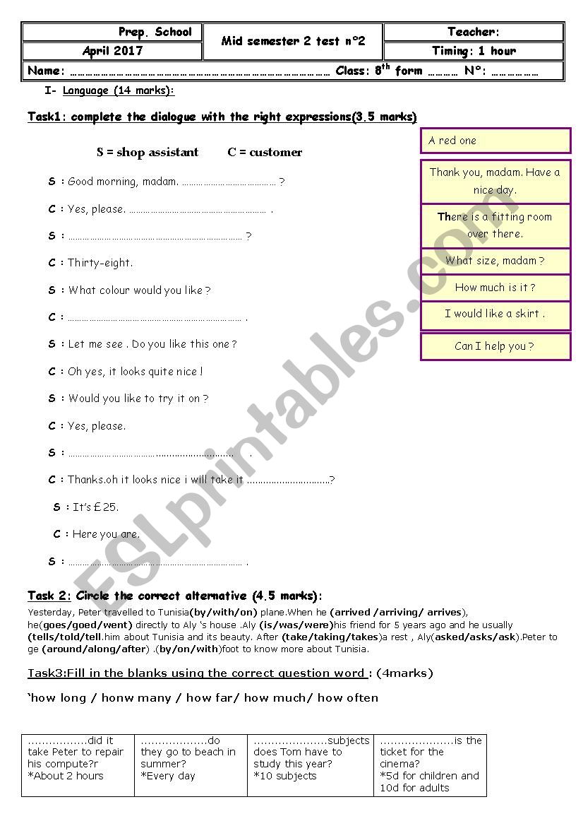 mid semester 2 test n 2 8th form april 2017