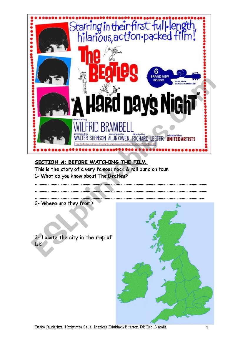 Activitie a hard days night worksheet