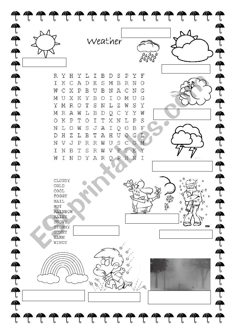 Weather word find and write the words under the images