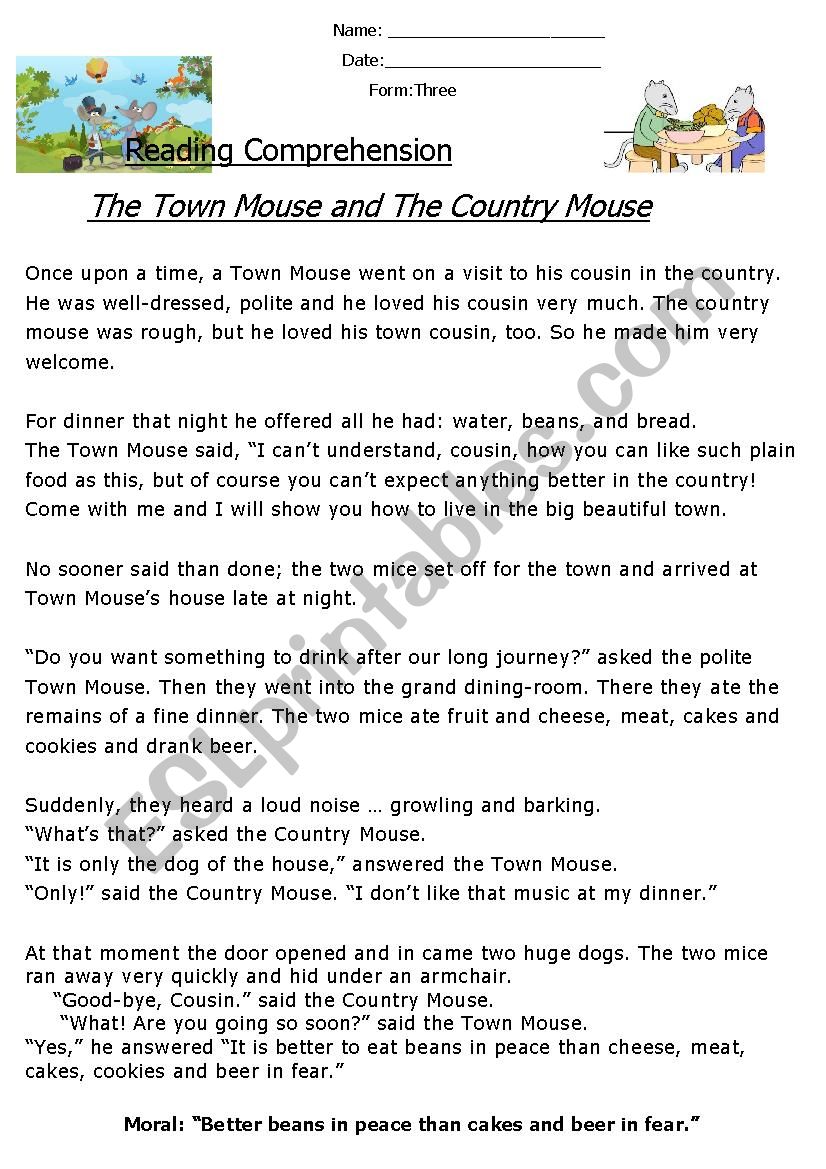 Reading Comprehension The Town Mouse and The Country Mouse