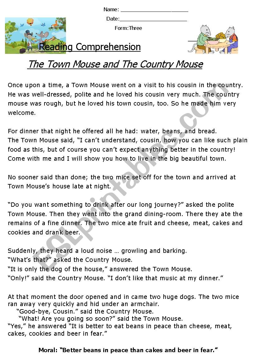Reading Comprehension Â´The Town Mouse and The Country MouseÂ´