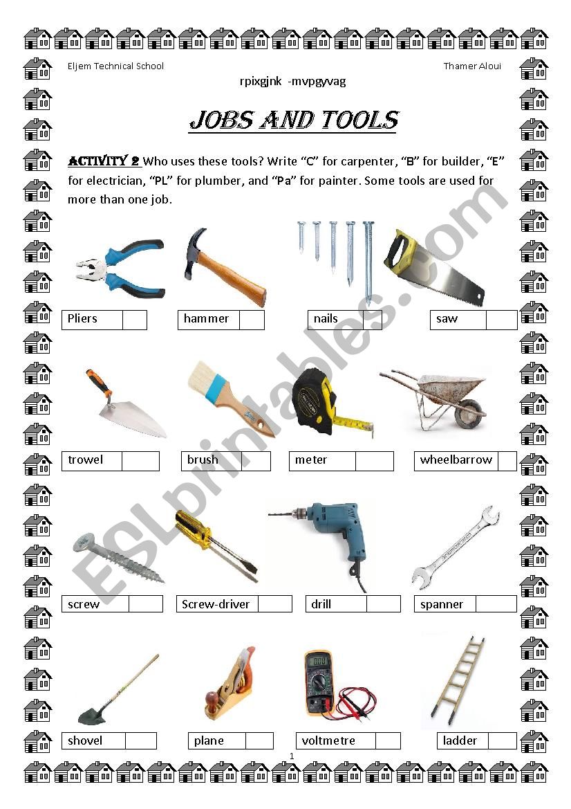 Jobs and tools worksheet