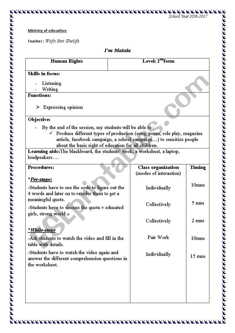 Human Rights: Im Malala worksheet