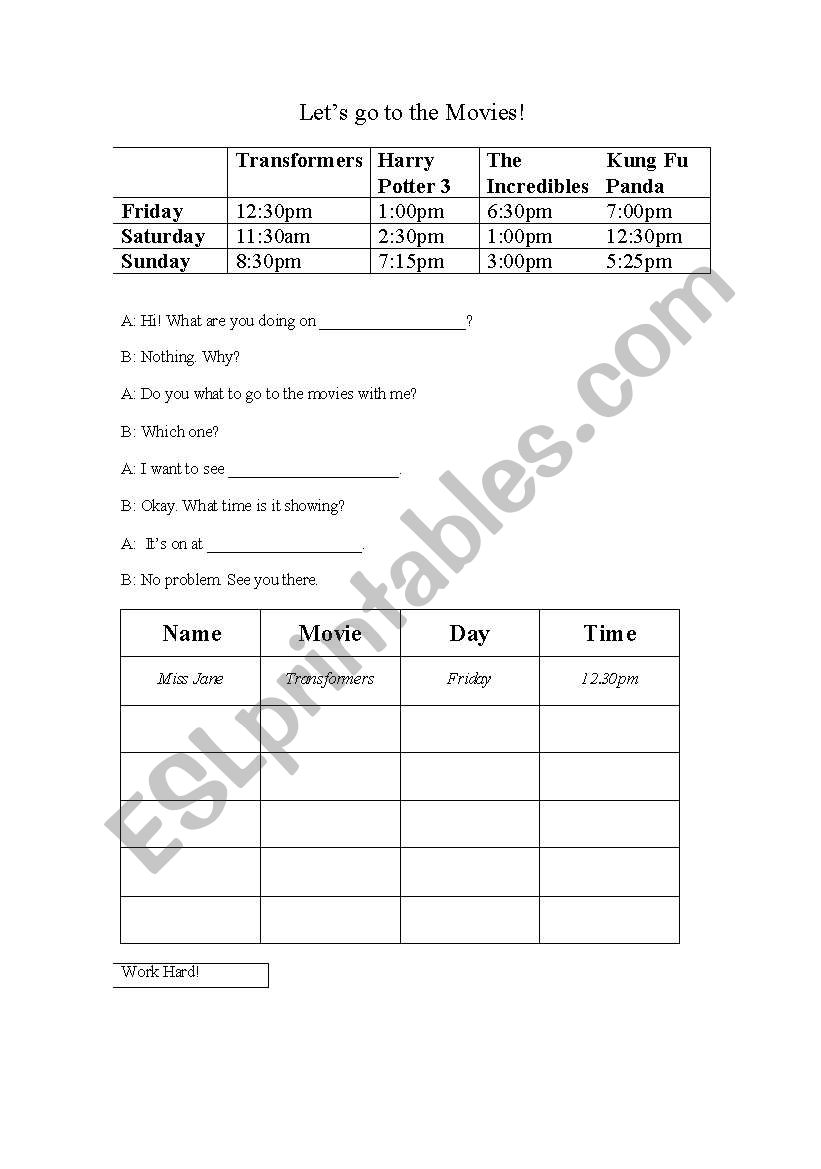 Lets go to the movies. worksheet