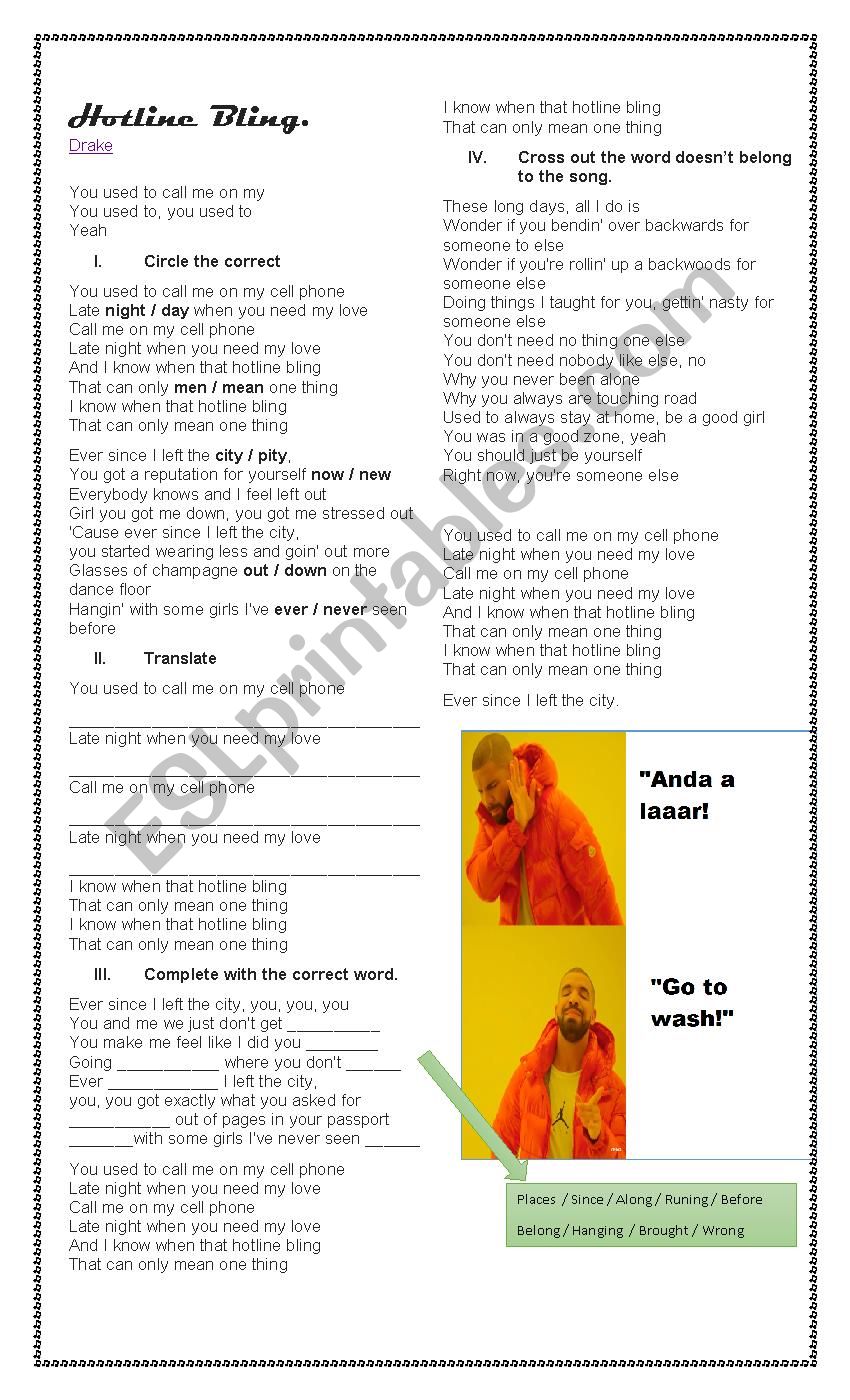 Hot Bling - Drake worksheet