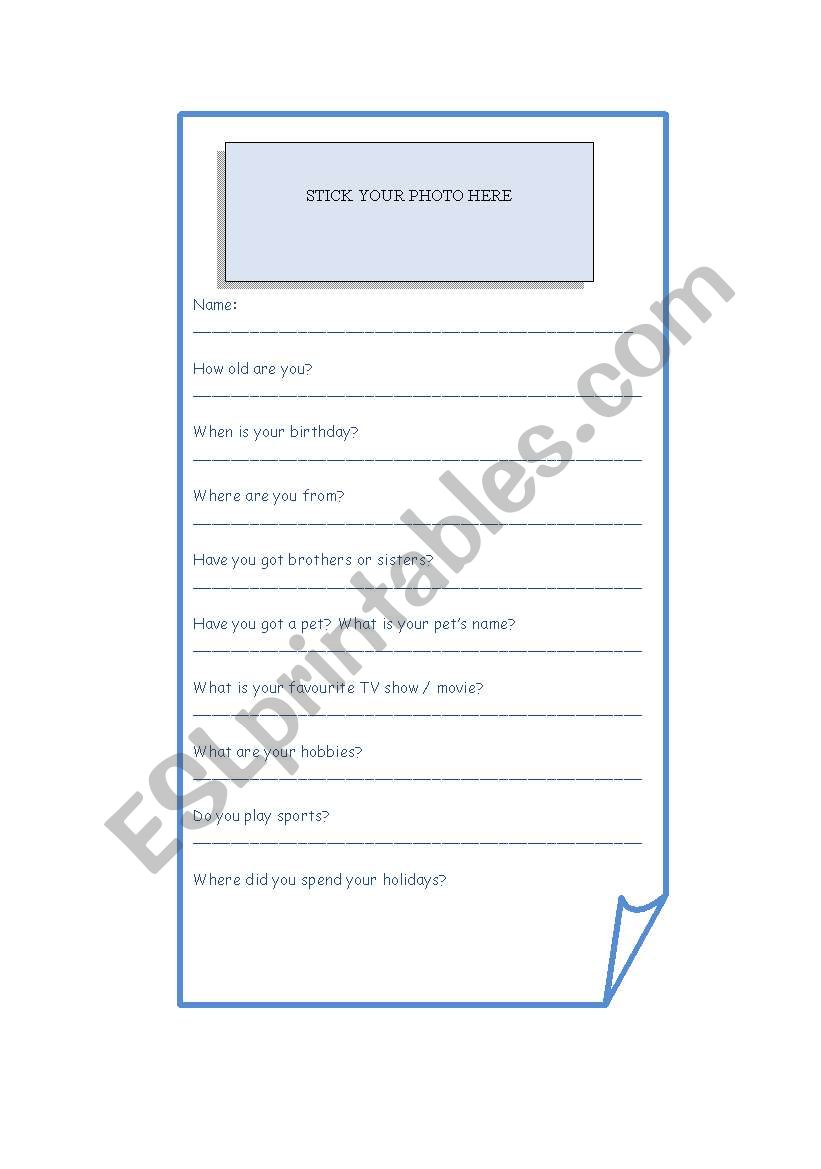 personal information card worksheet