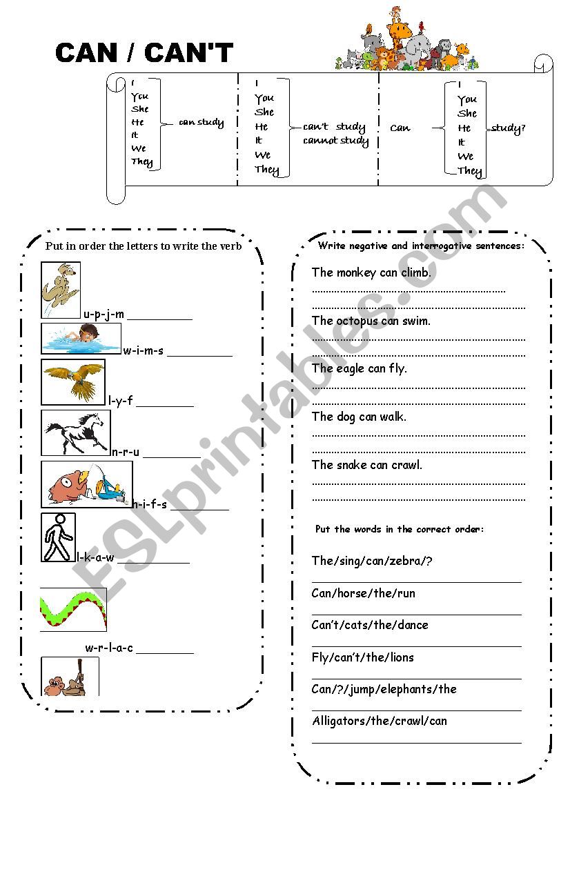 What animals can or cant do worksheet