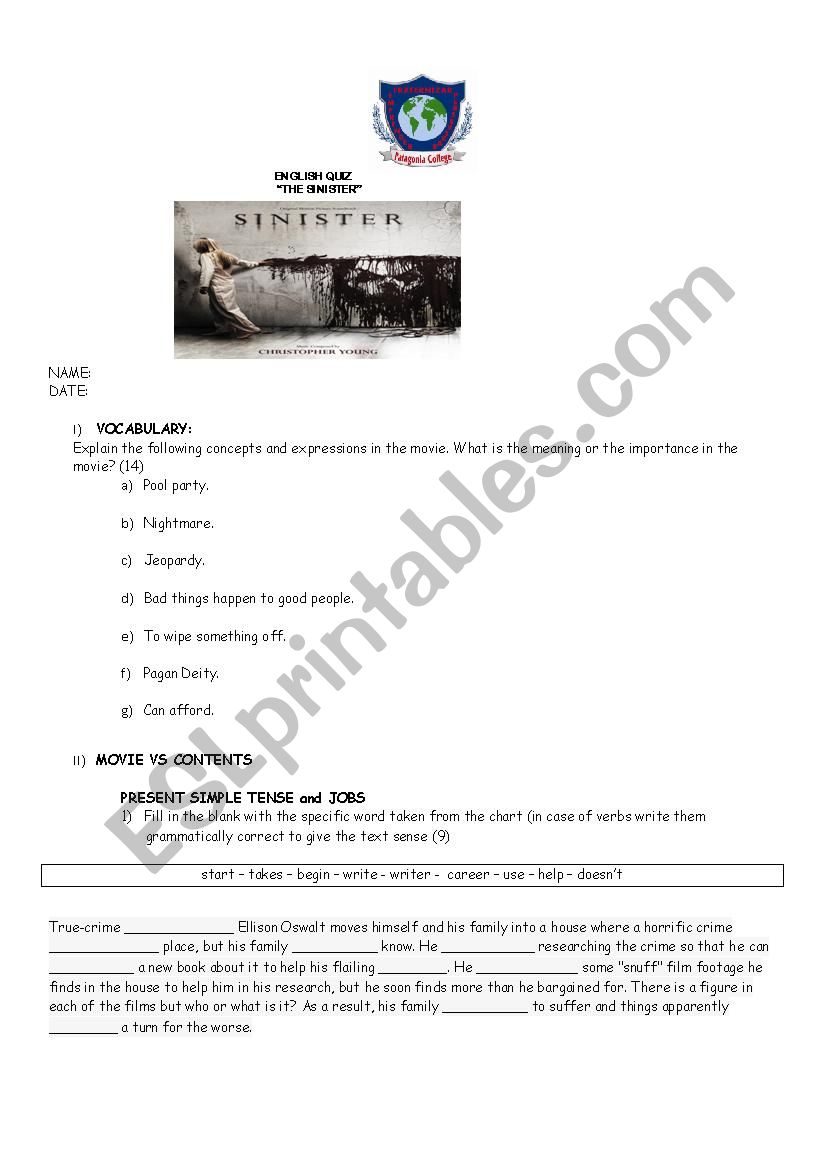 The Sinister Movie Quiz worksheet