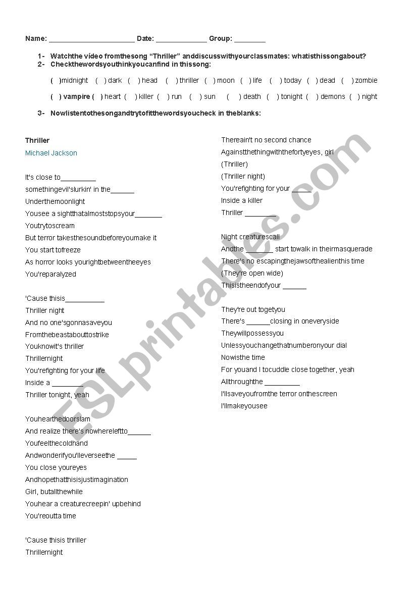 Song: Thriller worksheet