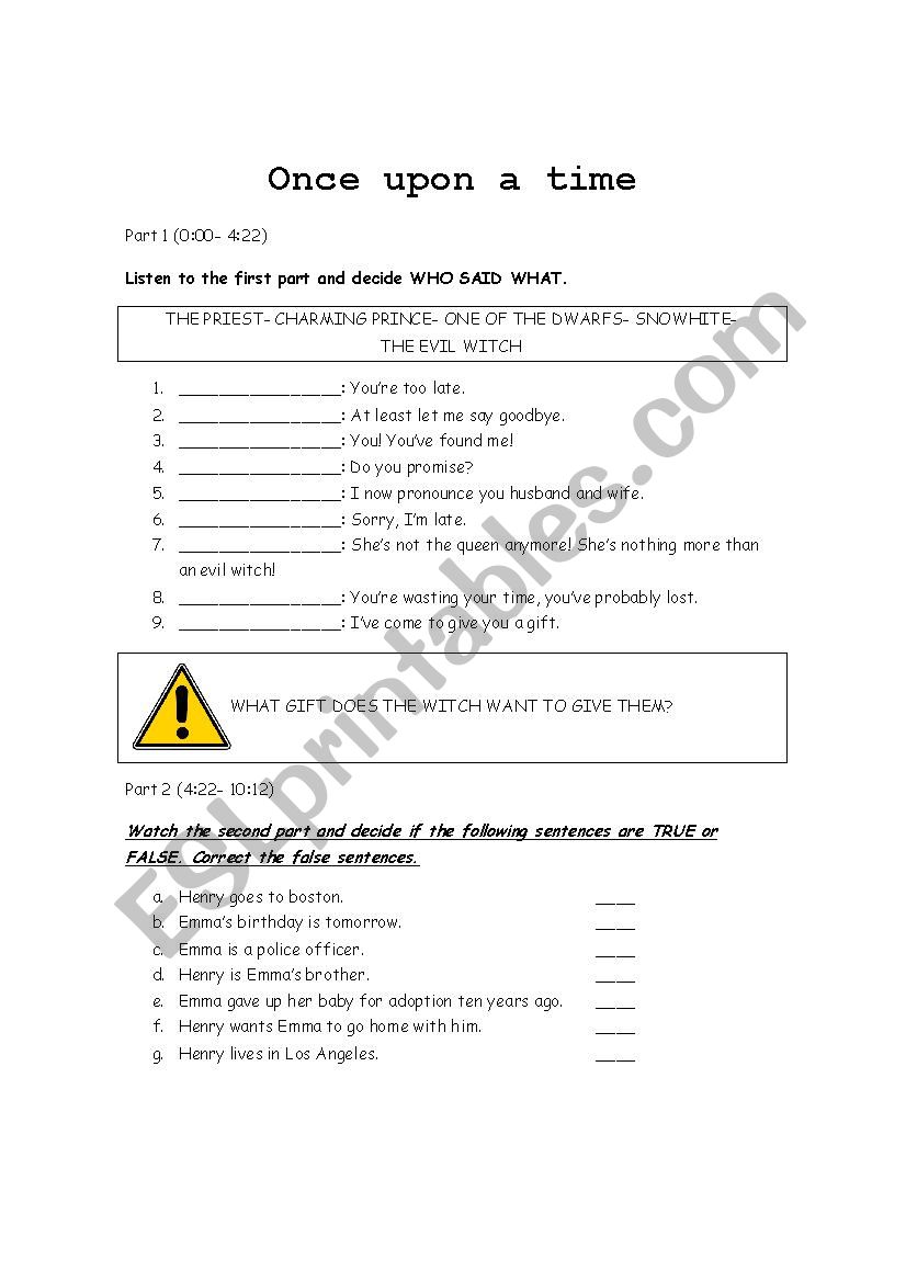 Once upon a time (pilot) worksheet