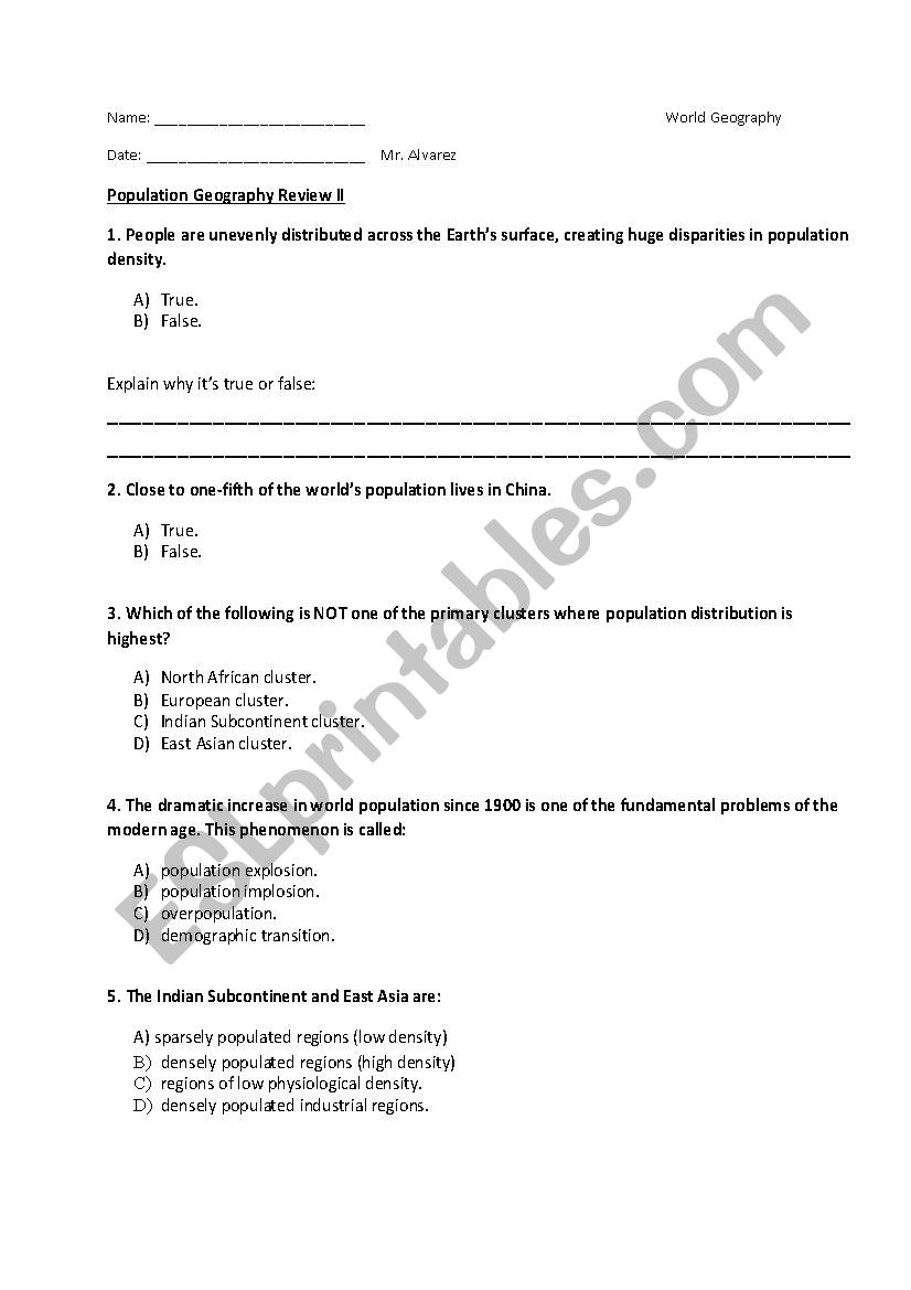 Population worksheet