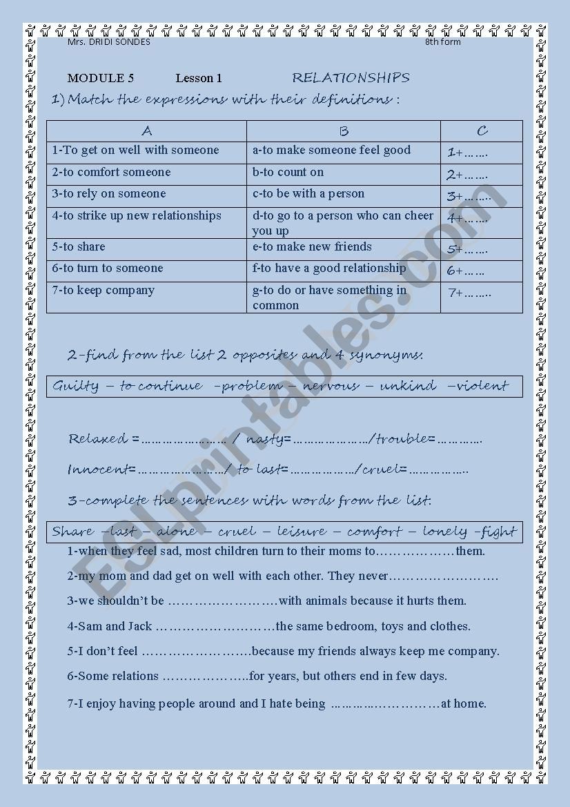 relationships worksheet