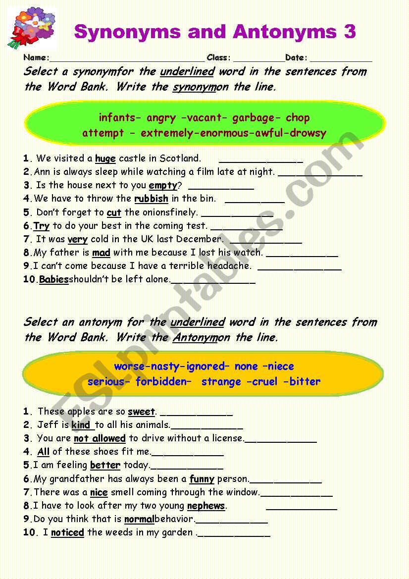 Synonyms vs Antonyms 3 worksheet